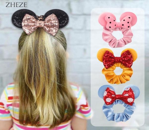 Wholes 10pcs lot orelhas de mouse scrunchie de veludo elástico laços de borracha meninas corda rabo de cavalo acessórios para cabelos 2207088295216322277