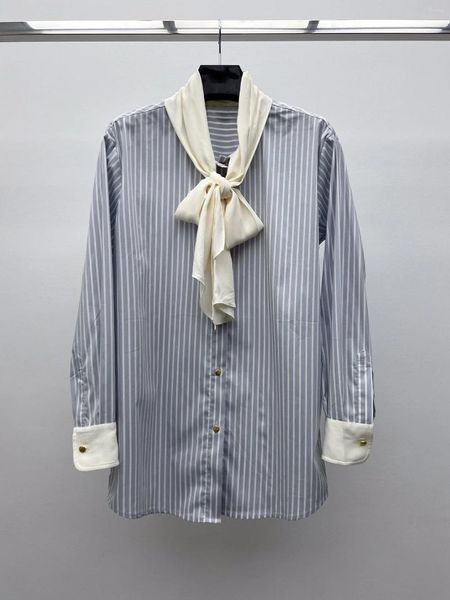 Blouses feminina Flow Nó Coloque Camisa Contraste Color Ribbon Stripe Design Casual Fashion 2024 Summer Style 0329