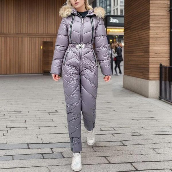 Frauen in Frauen einteilige Skianzüge dicker winddichtem Snowboard im Freien warme Kapuze-Slim-Overall Winter Ski-Jumpsuit mit Pelzkragen