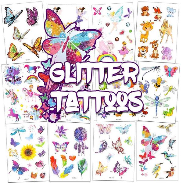 Tattoo Transfer 16pcs Kids Glitter Tattoo Set Setton Cartoon Impermeável Decalque de Butterfly Unicorn Animais Decoração de Tatuagem para festa de aniversário 240426