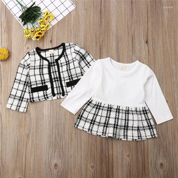 Conjuntos de roupas 1-5 anos meninas infantis roupas pretas camadas xadrezas brancas tops de retalhos o vestido de pescoço tutu para a primavera.