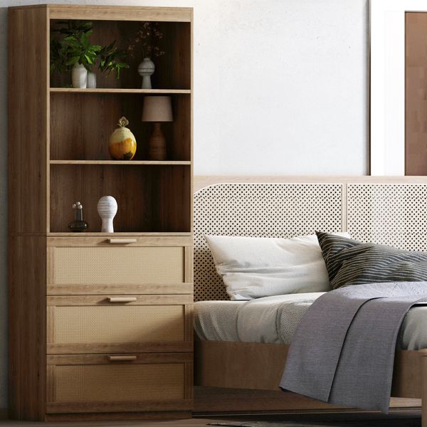 71 Zoll großer Lagerschrank, Rattan-Bücherregal mit 3 Schubladen und 3-stufigen offenen Regalen, Holzhandschellen-Lagerorganisator für Wohnzimmer, Lernen, Küche, Home Office