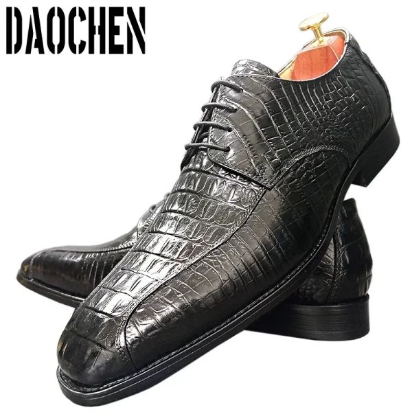 Stiefel Luxusmarke Herren Schuhe Schnürung spitzer Zehenzehen schwarz braun Oxfords Derby Krokodildruck Männer Kleidschuhe Lederschuhe Männer Männer