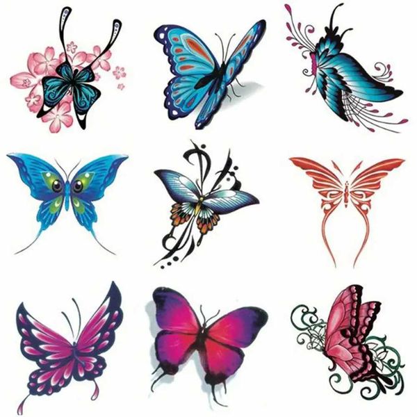 Tatuagem Transferência de moda Moda Butterfly Flower Tattoo Tattoo Adesivo de água Decalques de papel de papel Mulheres mentais Removable impermeabilizada adesivo de arte corporal 240427