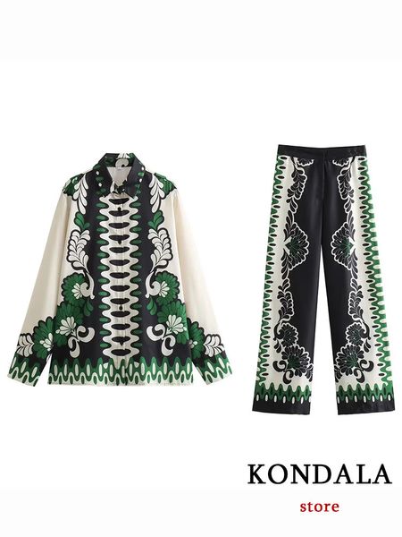 Kondala Vintage Print Green Fashion осенняя костюм одиночный карманная рубашка широкая рубашка широкая нога брюки Женская праздничная набор 240425