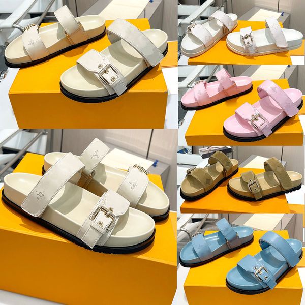 Bom Dia Flat Comfort Mule 1ACKIR Tasarımcı Sandal Işık Bej Marka Mule Kadınlar Katır Seyahat Plaj Sandalet Modeli Lüks Giyim Kolaylığı Mule Bom Dia Sandals