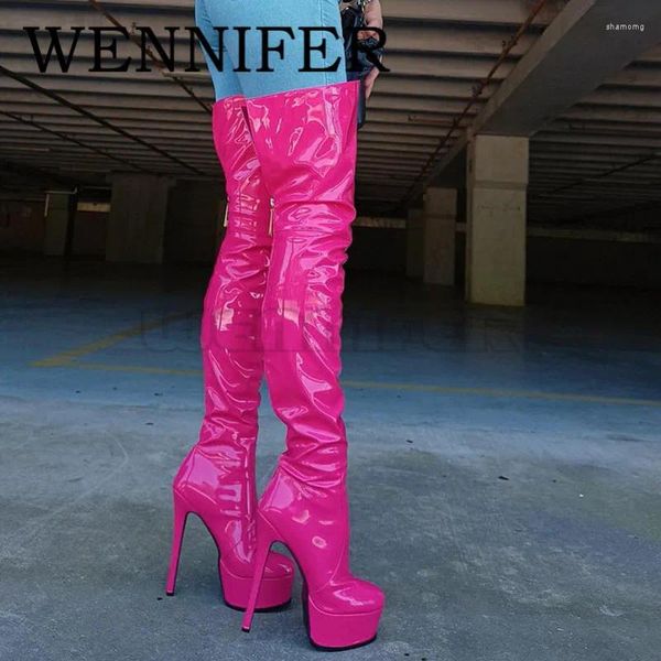 Botas neon verde patente de couro coxa sexy alt high twe dedo plata