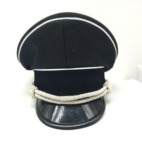 Шляпа шляпы с краями Второй мировой войны немецкий элитный офицер козырька шляпа шляпа черный подбородок Серебряный шнур 57 58 59 60 61см воспроизводительный военный1318841