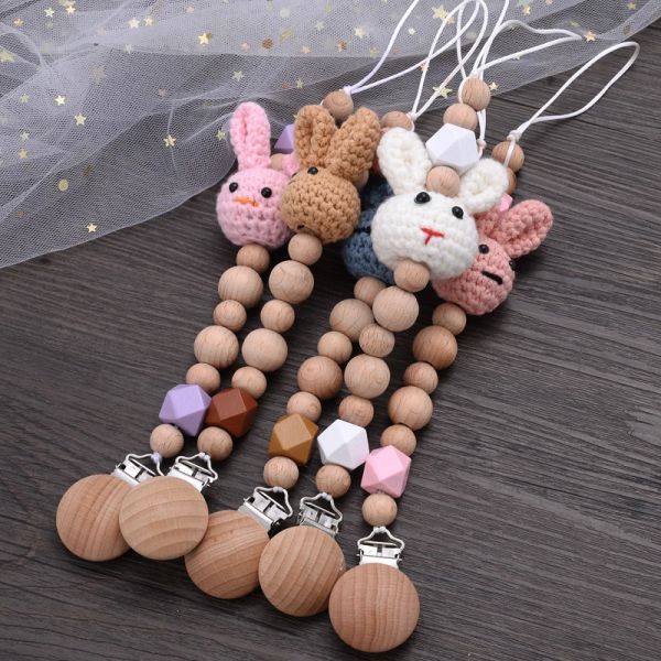 Accessoires Baby Cartoon Tier Buche Teether Schnullerkette handgefertigtes Holz Teether -Ketten Schnuller Clips Brustwarze Clip Zahnen Kauenspielzeuge