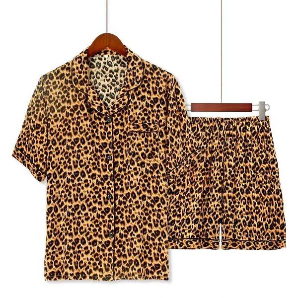 Женская одежда для сна, лето 3xl 100% Viscose короткая Slve Leopard Print Ladies Pajamas костюм плюс размер S-XXXL Slpwear Leisure Lake Nightwear Y240426