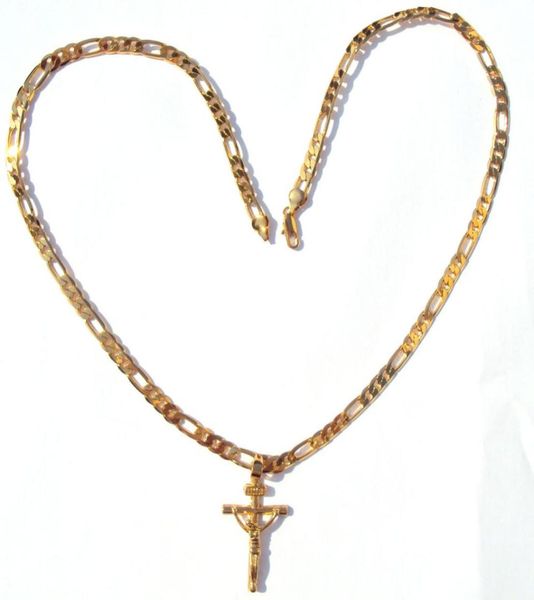 24k GF giallo solido GF 6mm Figaro Italiano Neckace a catena di collegamento 24Quot da donna MENS Gesù Crocifisso Cross Pendant8597912