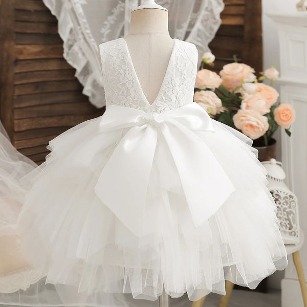 Blumenmädchenkleider für Hochzeit Kinder Spitze Rückenfreier Tüll Tutu Prinzessin Prom Party Kleidung Baby 1. Geburtstag Taufe weißes Kleid 240425