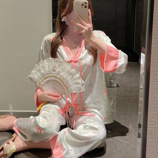 Pijama de seda de gelo conjunto Lady Top Pants Mulheres Impressão de Lingerie de Manga Longa Primavera Vova Veira Vowia das Nuras de Nightwar