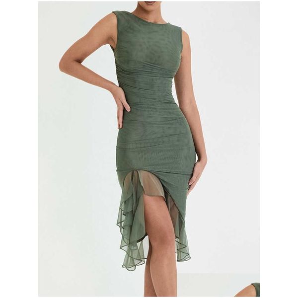 Vestidos casuais básicos Novo malha elegante e corpore bodycon vestido midi moda moda de babados de festas divididas primavera verão 2023 mulheres gota del dhbn9