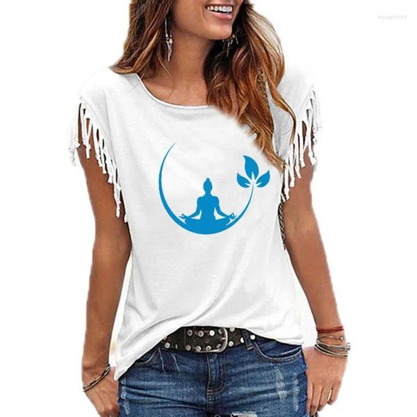 Camisetas femininas 2024 Mulher camisa Sala de meditação budista zen verão impressão engraçada o pescoço algodão borda de manga curta camisetas casuais