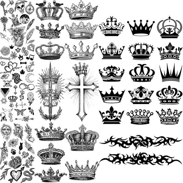 Tattoo Transfer Black Crown Temporäre Tattoos für Frauen Erwachsene realistische Vogelkreuzschwert Herz gefälschter Diamant Tattoo Aufkleber Körper Hand Tatoos 3d 240426