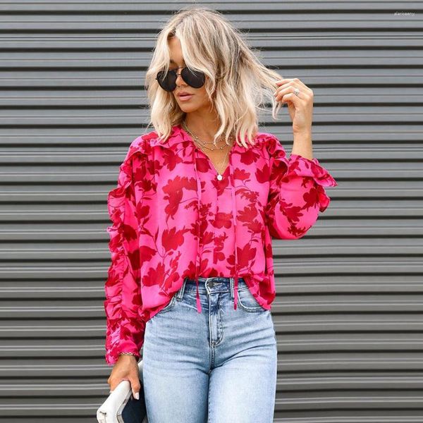 Damenblusen Rosen-Hem gedruckt lose V-Ausschnitt Pullover Chiffon Bluse