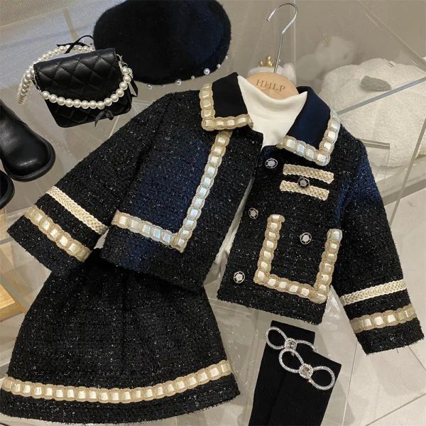 Mayo kız 2 adet tweed set kış takım elbise kıyafetleri 110 yıl çocuk pamuklu yastıklı ceket ceket+etek çocuklar klasik kıyafetler