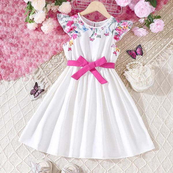 Mädchenkleider 2024 Sommer Ankunft Mädchen ärmellose Print Schmetterling Schärpe Pink Roupa Infantil Menina Süßes Partykleid Custum 18m-7t