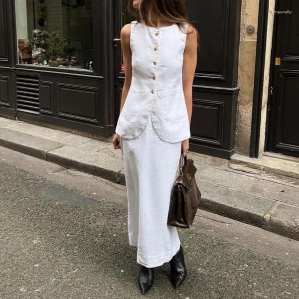 Vestidos de trabalho conjuntos de vestido branco duas peças elegantes saia y2k define um pescoço redondo sem mangas de mangas casuais tópicos