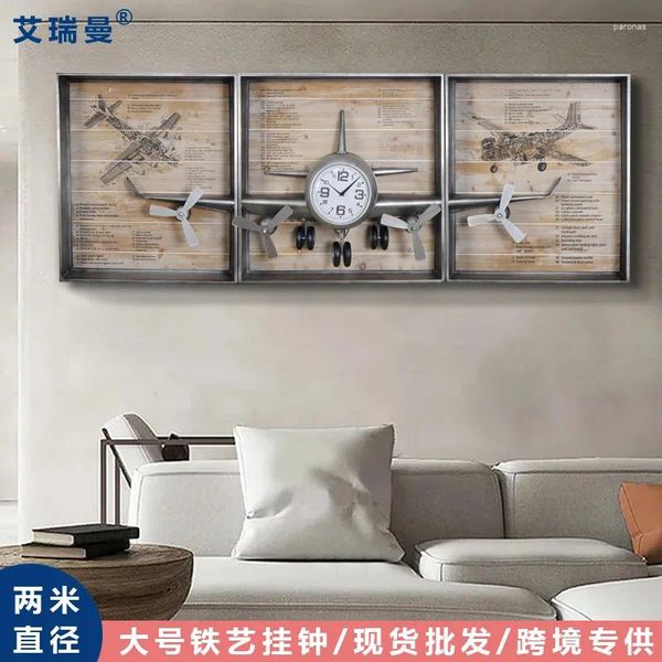 Relógios de parede American Retro Airplane Quartz Relógio Europeu Large Metal Creative Living Room de arte decorativa pendurada