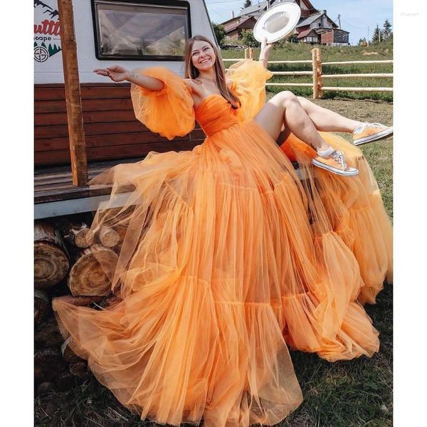 Partykleider Kadisua Orange Puff Abendkleid für Frauen organza draped bodenlange halbe Ärmel geteilte Spezialveranstaltung Vestidos Prom Kleid