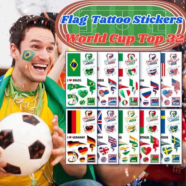 Tattoo Transfer 2PCS 2022 Neue Nationalflagge Tattoo Sticker World Football Top 32 National Flag Marathon Games Fans Party Temporäre Aufkleber 240427