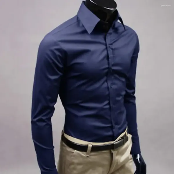 Camicie da uomo camicie slim fit abbotton-down chiusura antim-shrackling solido colore a maniche lunghe