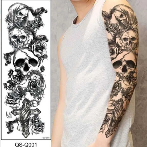 Tatuagem Transferência de braço completo Tatuagens temporárias grandes Totem preto Fake impermeável Flores de crânio Dragão de manga comprida Tattoo Tattoos de arte corporal 240427