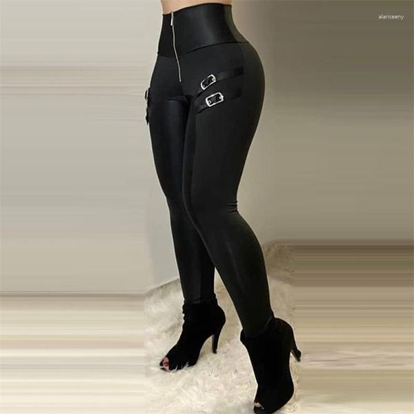 Calça feminina calça de fivela preta e preta elegante para mulheres