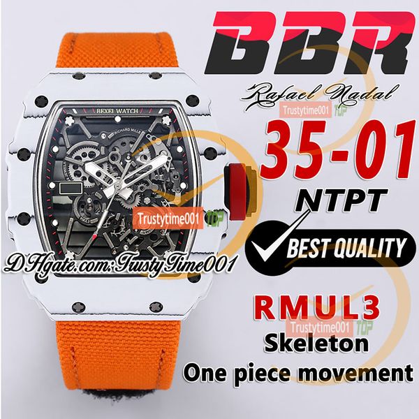 BBR 35-01 RMUL3 Mechanische handwindende Herren Watch White NTPT Carbon Fasergehäuse Skelett Zifferblatt Orange geflochten