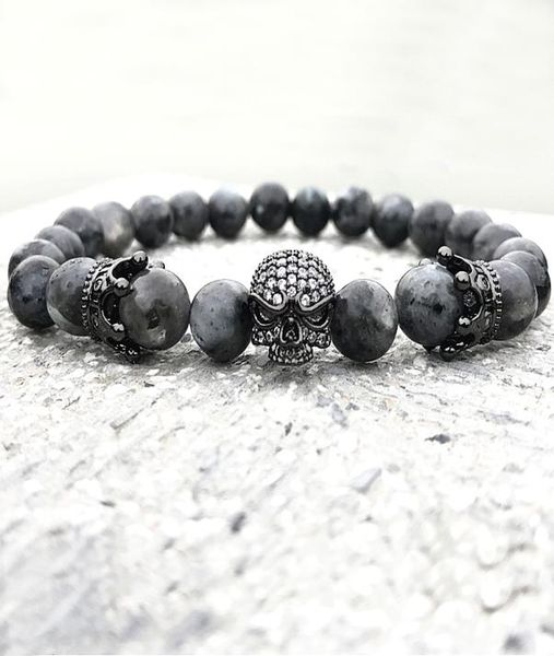 Männer Schädel Charme Armbänder Indien Labradorit 8mm Natursteinlichtperlen Europäisches Buddha Armband für Männer handgefertigte Armbänder 7063601