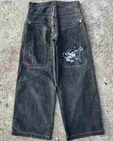 Jeans maschile streetwear jnco jeans y2k hip hop cartone animato stampa grafica sacca retrò jeans pantaloni neri maschili gamba larga in vita alta