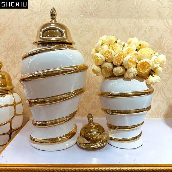 Speicherflaschen Goldene Ringstreifen Keramik Allgemeines Panzer Gold-Planated Vase Blume Arrangement Desktop Schmuck Kosmetischer Behälter