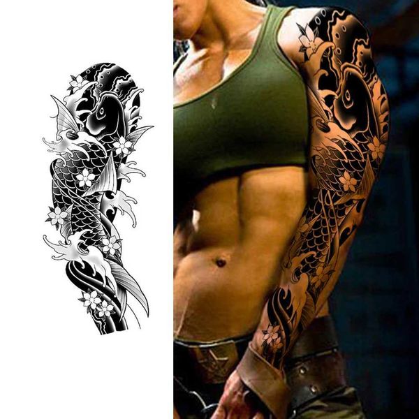 34tn Tattoo Transfer 2pcs Tiere Tattoos Aufkleber Knight und Panda wasserdichte Wellenblume Tattoo Aufkleber Koi Fischkörpermarker Tattoos für Männer Frauen 240427