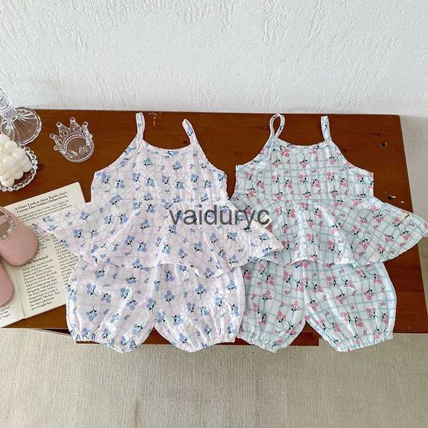 Roupas conjuntos de roupas para bebê de verão solto conjunto de roupas meninas doces suspenso floral top + bloomer Toddler Outwear Suit H240506