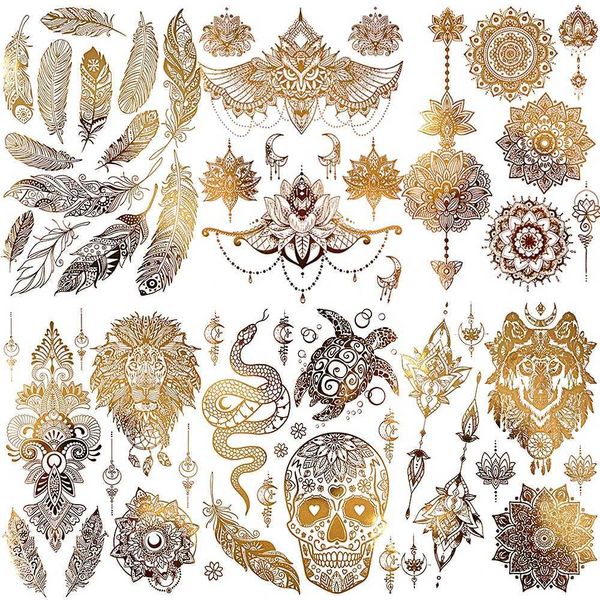 Tattoo Transfer Golden Feder Löwe Temporäre Tattoos für Frauen Erwachsener realistisch gefälschter Mandala Blume Schlange Tattoo Aufkleber Armband Waschbar Tatoo 240426