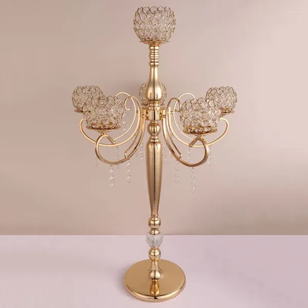 Titulares de vela com 84 cm de altura de 5 armas de metal portador de cristal de ouro Candelabra Table