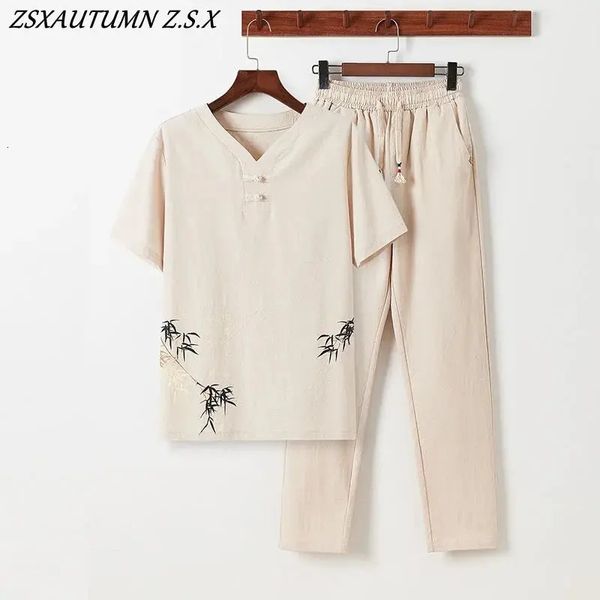 Chinesische Retro-Stil Tang Anzug Männer Set Leinen Zen Tee Tee Top Hosen