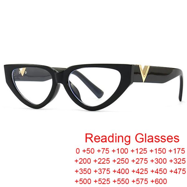 Lentes Retro Cat Eye V Letters Viculturas Farspioxos femininos Designer de marca Lendo óculos PLUS +1.5 Anti -Blue Light Glasses