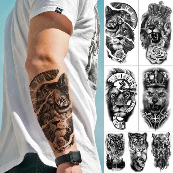 Tattoo Transfer Löwen Zahnrad wasserdichte temporäre Tattoo Aufkleber Krone Wolf Tiger Uhr Rose Blumenkörper Kunst Arm gefälschte Tattoos Ärmeln Frauen Männer 240427