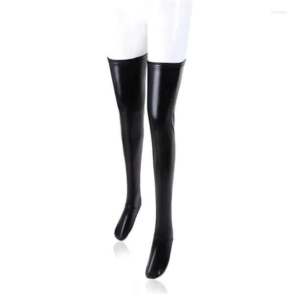 Frauen Socken exotisch sexy Latex Reißverschluss Strümpfe der schwarzen PVC Pole Tanz Leder Erotiklänge der Dame über Knie hoch