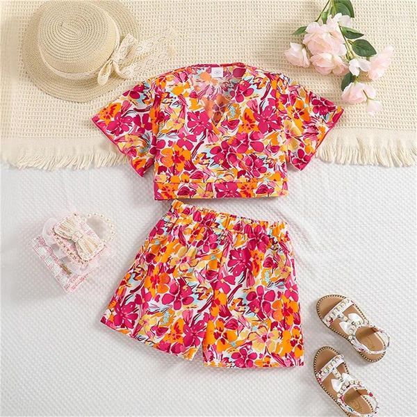 Roupas conjuntos de roupas infantis shorts de meninas define estampa de flor de manga curta v-shirt pescoço com roupa de verão