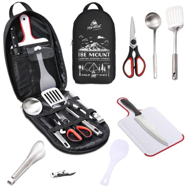 Utensílios de viagem portáteis de cozinha utensílios de viagem 9pcs aço inoxidável acampamento de cozinha conjunto de utensílios de cozinha para mochila piquenique de acampamento para churrasco