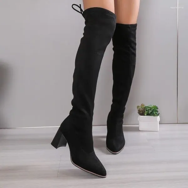 Boots calçados sapatos de salto alto para mulher acima do joelho elegante e elegante coxa de coxa preto com boteira elástica de atacado