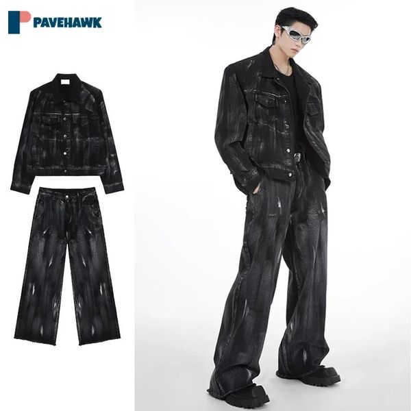 Conjunto de jeans de lavagem de hip hop homem corea solto outono graffiti cowboy jaquetetscares lide perna jeans de duas peças conjuntos de harajuku masculino 240415