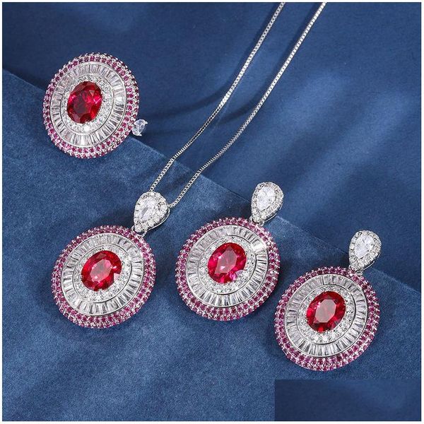 Hochzeitsschmuck Sets Choucong Marke Luxus Set 10KT Weißgold Füllung Oval Schnitt Rot Granat Cz Gem Stones Party Open Ring Dangle Ea dhp1g