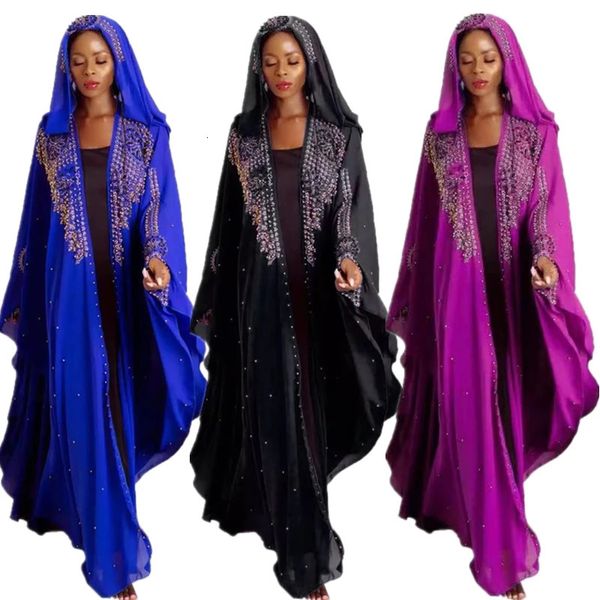 Afrikanisches Design Frauen Muslim Abaya Chiffon Long Dress Robe Luxus Diamonds Perlen Vollhülse Boubou Jilbab mit innerer 240415
