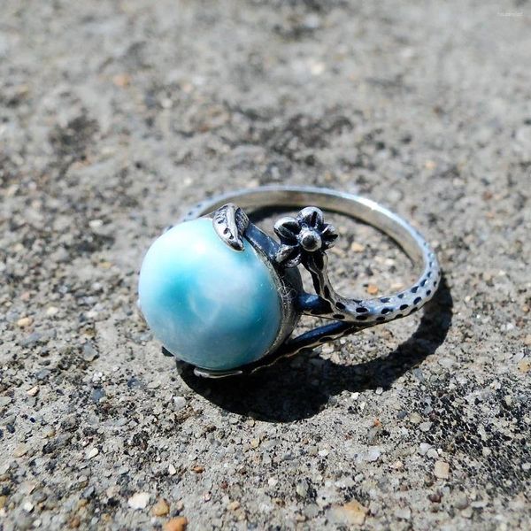 Ringos de cluster 925 Sterling Silver Natural Larimar Anel Vintage Stone Stone Women's Wedding Ajustável