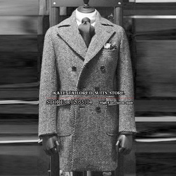 Giacche Autumn/Winter Tweed Wool Over Coat Grey Hunring Oshinge Men Abito giacche a doppio petto di trench di abiti da lavoro lunghi